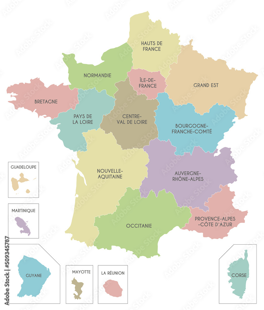 Vector map of France with regions and territories and administrative divisions. Editable and clearly labeled layers.