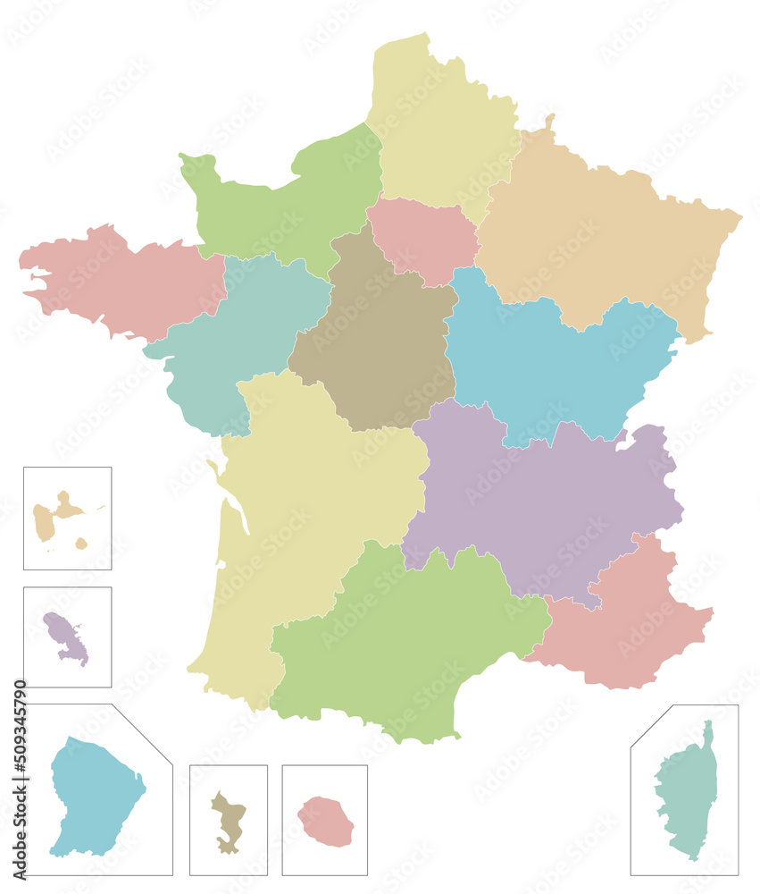 Vector blank map of France with regions and territories and ...