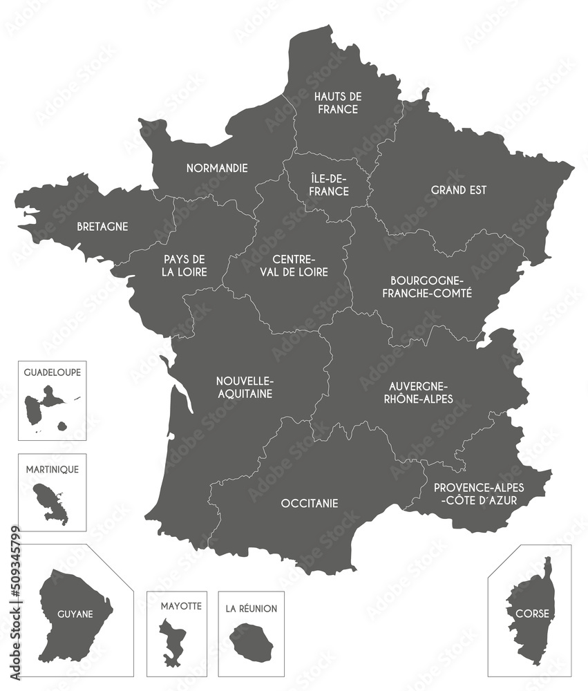 Vector map of France with regions and territories and administrative ...