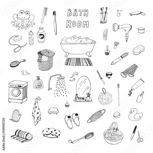 Bathroom objects vector line illustrations set