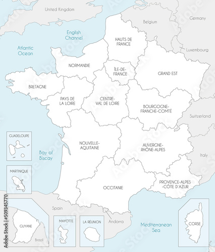 Vector map of France with regions and territories and administrative divisions  and neighbouring countries. Editable and clearly labeled layers.