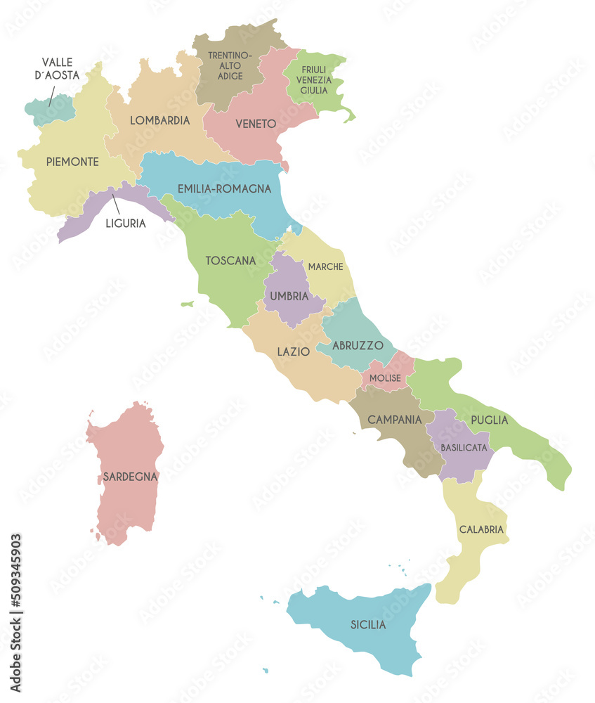 Vector map of Italy with regions and administrative divisions. Editable and clearly labeled layers.