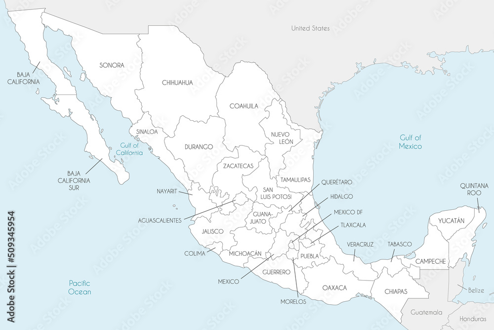 Vector map of Mexico with regions or states and administrative divisions, and neighbouring countries. Editable and clearly labeled layers.