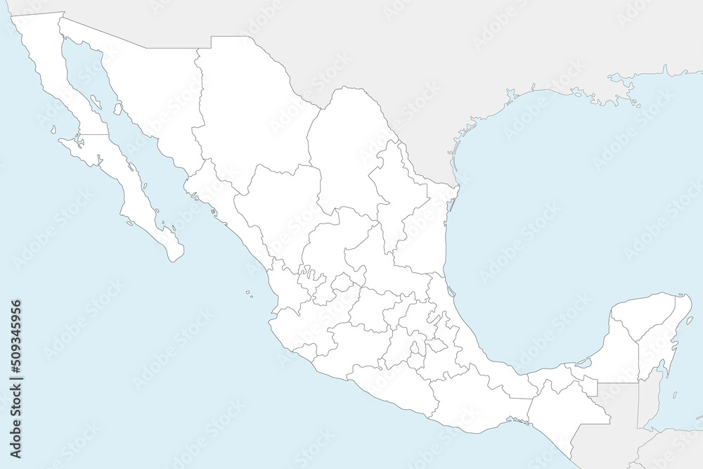 Vector blank map of Mexico with regions or states and administrative divisions, and neighbouring countries. Editable and clearly labeled layers.