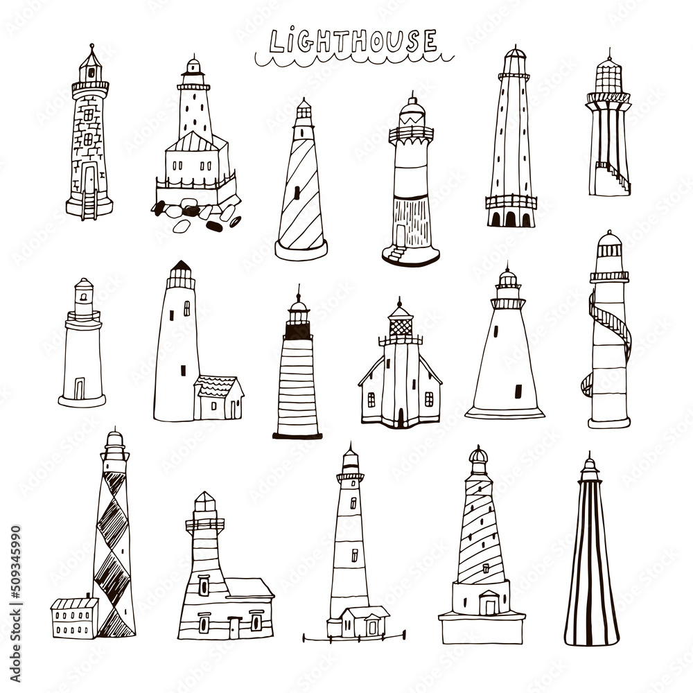 Lighthouse sea vector line illustrations set