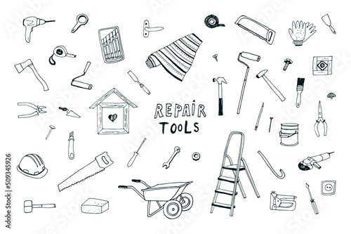 Repair tools vector line illustrations set