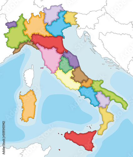 Vector illustrated blank map of Italy with regions and administrative divisions  and neighbouring countries and territories. Editable and clearly labeled layers.