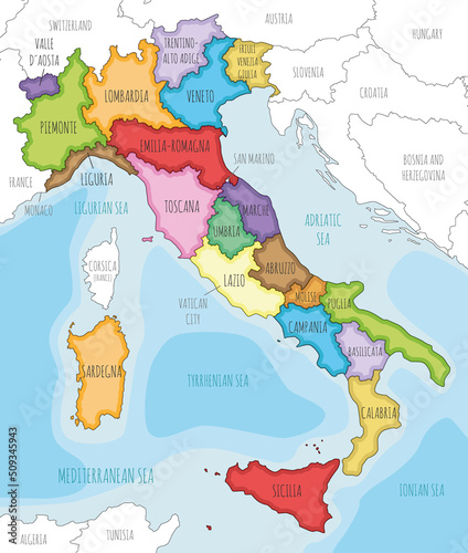 Vector illustrated map of Italy with regions and administrative divisions  and neighbouring countries and territories. Editable and clearly labeled layers.