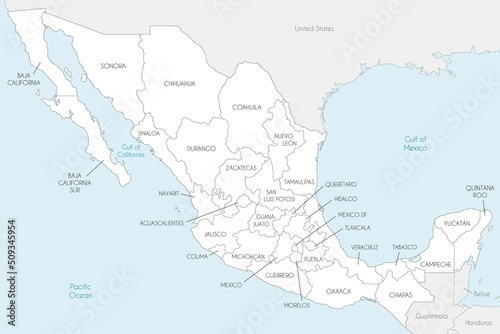 Vector map of Mexico with regions or states and administrative divisions, and neighbouring countries. Editable and clearly labeled layers.