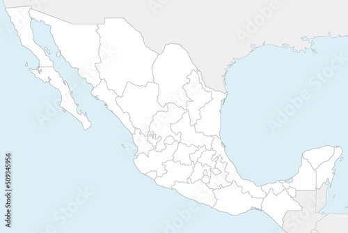 Vector blank map of Mexico with regions or states and administrative divisions  and neighbouring countries. Editable and clearly labeled layers.