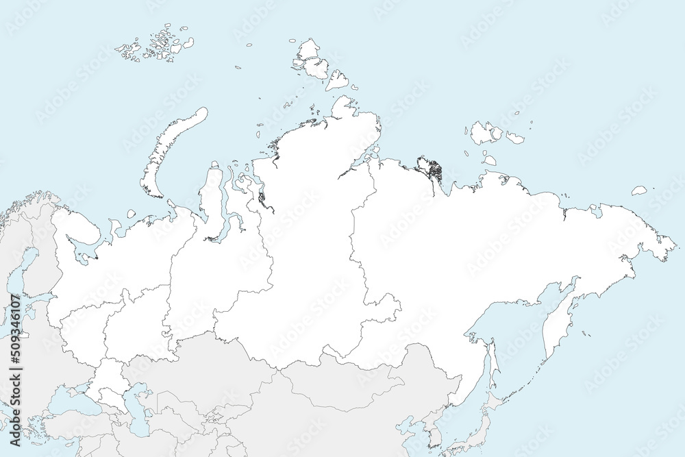 Vector blank map of Russia with regions or federal districts and administrative divisions, and neighbouring countries. Editable and clearly labeled layers.