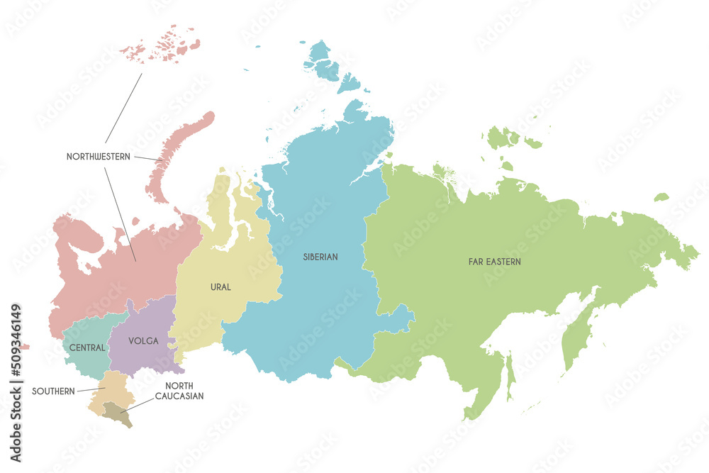 Vector map of Russia with regions or or federal districts and administrative divisions. Editable and clearly labeled layers.