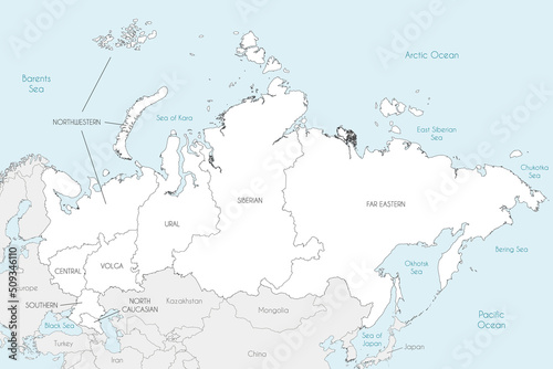 Vector map of Russia with regions or federal districts and administrative divisions, and neighbouring countries. Editable and clearly labeled layers.