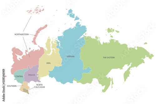Vector map of Russia with regions or or federal districts and administrative divisions. Editable and clearly labeled layers.