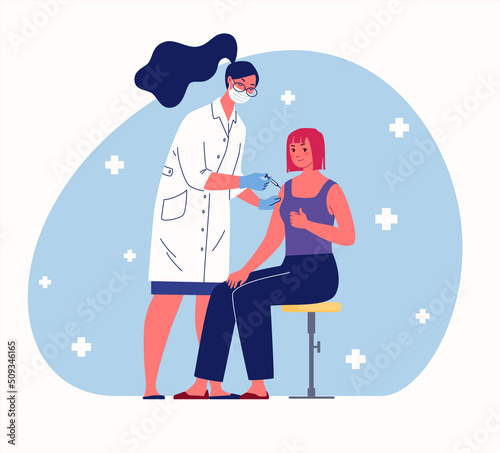 Concept of herd immunity during epidemic. Female doctor gives patient injection in shoulder. Vector cartoon style illustration with people characters.