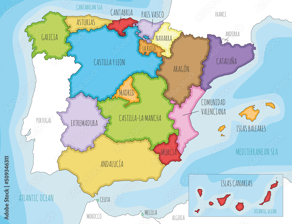 Vector illustrated map of Spain with regions and territories and administrative divisions, and neighbouring countries. Editable and clearly labeled layers.