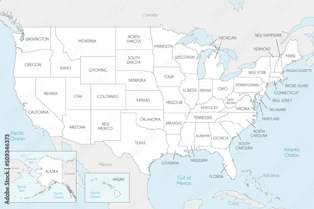 Vector map of USA with states and administrative divisions, and neighbouring countries. Editable and clearly labeled layers.