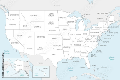 Vector map of USA with states and administrative divisions, and neighbouring countries. Editable and clearly labeled layers.