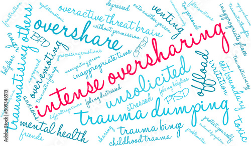 Intense Oversharing Word Cloud on a white background. 