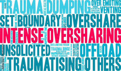 Intense Oversharing Word Cloud on a white background. 
