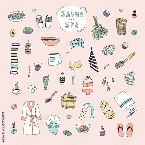 Bathroom sauna and spa objects vector illustrations set