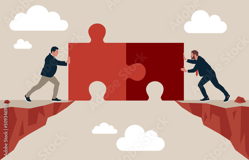 Business people connect jigsaw piece together to build the bridge and cross the gap. Teamwork to solve problem together, collaborate to success in work, partnership.