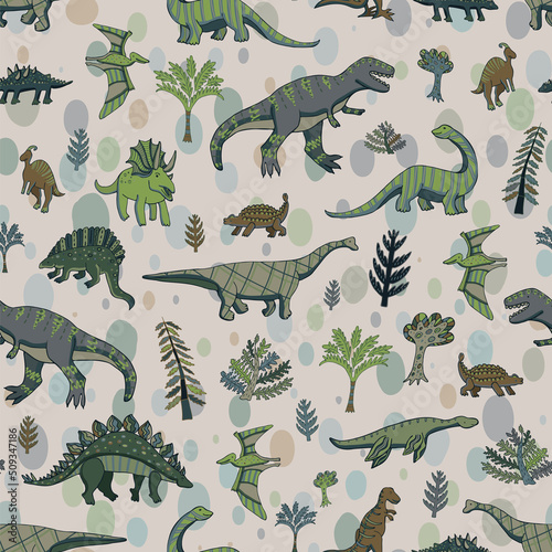 Dinosaur raptor vector seamless pattern
