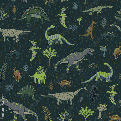 Dinosaur raptor vector seamless pattern