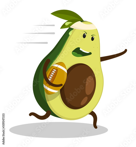 Avocado sport character, athlete american football player running with an oval ball in hand. Cartoon vector isolated on white background