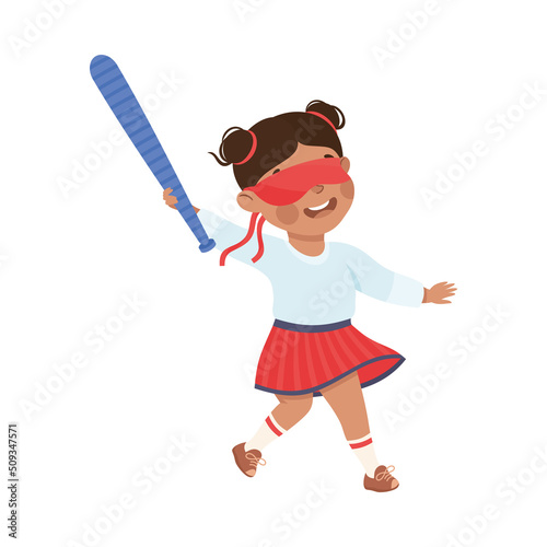 Little Girl with Wooden Stick Ready to Hit Pinata at Birthday Party Vector Illustration