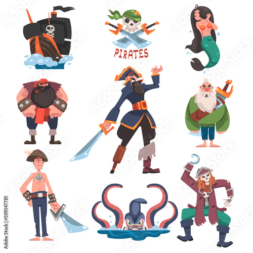 Pirates or Buccaneer with Ship, Sea Monster Kraken, Mermaid and Skull Vector Set