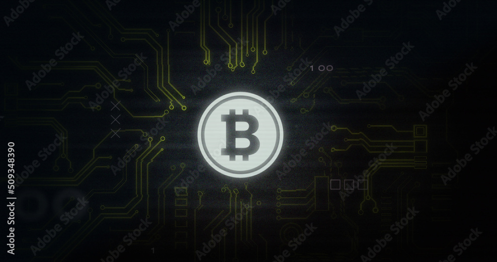 Obraz premium Image of interference over bitcoin symbol, data processing and computer circuit board