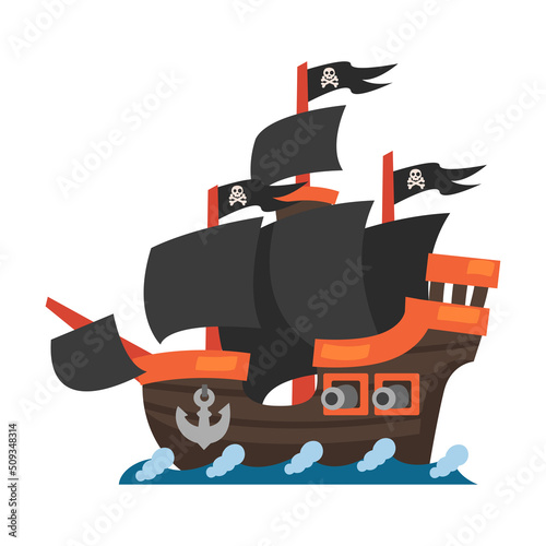 Pirate Ship or Caravel with Black Sail and Flying Flags with Skull and Crossbones Vector Illustration