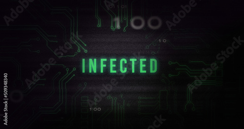 Image of interference over infected text, data processing and computer circuit board