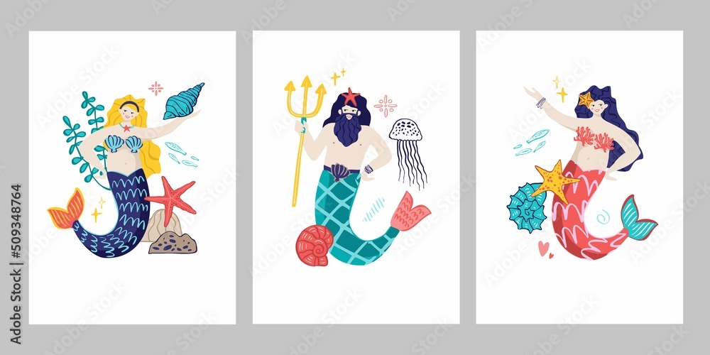 Set of marine decorative color posters with mermaids, neptune, shells, fish, seaweed isolated on white. Cards collection about wild life in ocean. Magic underwater characters. Vector illustration