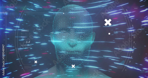 Image of digital human head over light trails