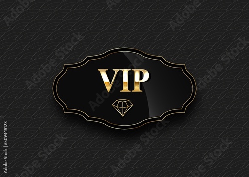 Vip black glass label with golden diamond and frame on a black pattern background.