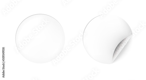 Round white sticker mockup. Circle stickers blank with curl corner, adhesive paper mock up.