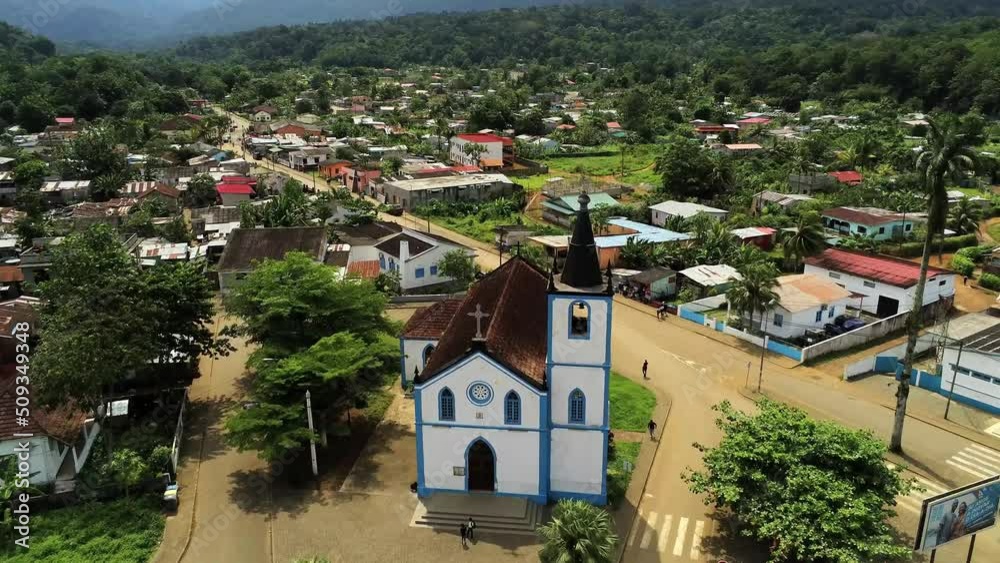 Aerial view of santo antonio city and his church at Principe Island, ,Sao Tome,Africa Aerial view of santo antonio city and his church at Principe Island, ,Sao Tome,Africa