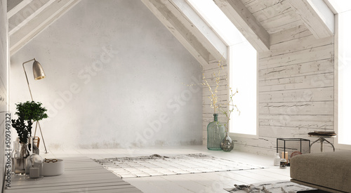 Attic with little decoration. Natural lighting, perspective. Carpet in the central part of the room. © Javier