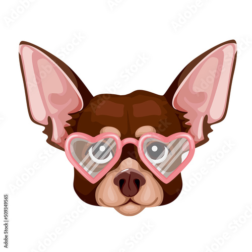 Cute muzzle toy terrier dog wearing heart shaped glasses. Print for clothes, postcard. Vector