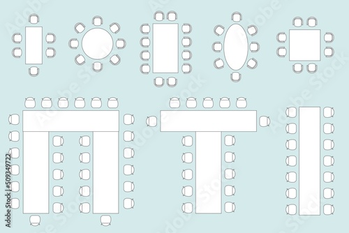 Furniture top view. Set of outline isolated tables and chairs for interior. Vector seating plan for wedding and banquet guests, apartments, living room, bedroom, kitchen. Floor blueprint.