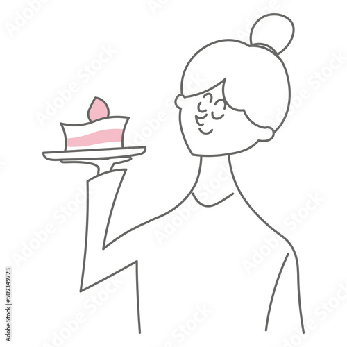 ケーキを持って喜んでいる女性のイラスト素材
