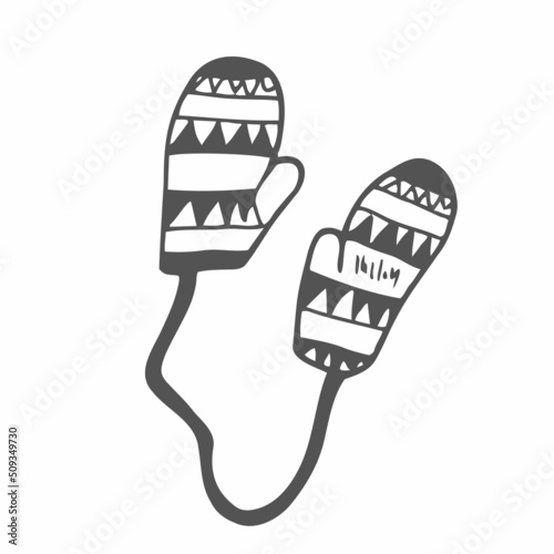 Winter mittens on a rope in the doodle style. Vector illustration isolated on a white background. Perfect for a postcard, sticker, coloring book or as a label for a knitted product