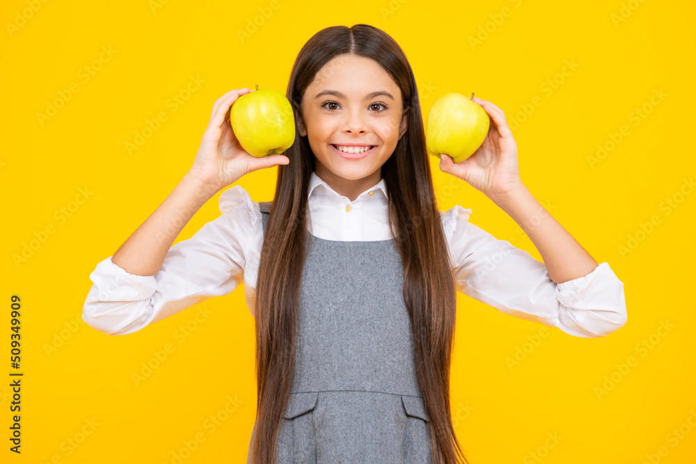 Teen girl child with apple, isolated portrait. Teen girl child with apple, isolated portrait.