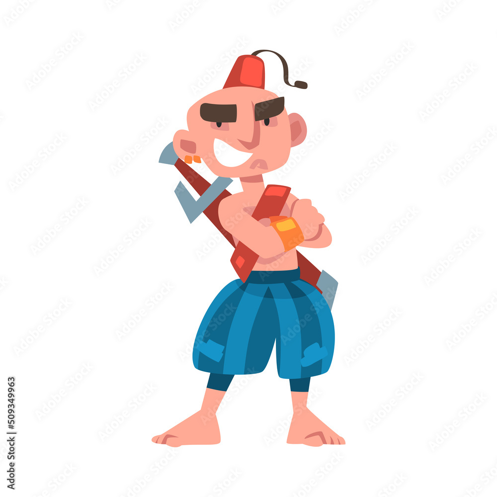 Barefoot Pirate or Buccaneer with Saber with Angry Grin Standing with Folded Arms Vector Illustration
