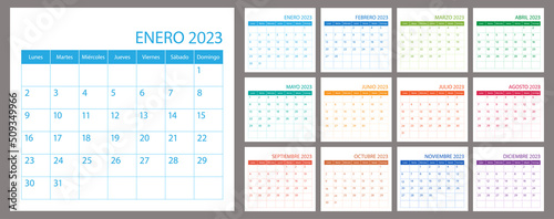 Spanish vector calendar planner 2023, schedule month calender, organizer template. Week starts on Monday. Business personal page. Modern simple illustration