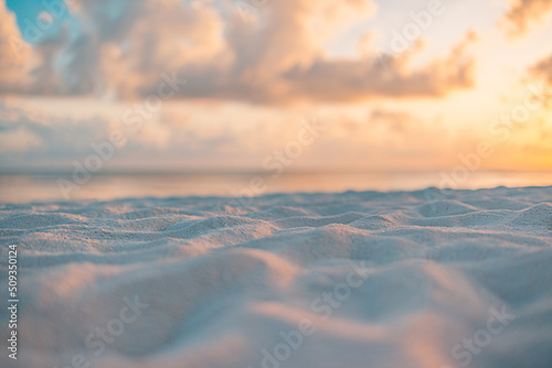 Amazing closeup beach sunset, endless blurred horizon, incredible dreamy sunlight. Relax, tranquility bright beach sand, rays. Positive energy serene solitude sea view. Summer beach golden skyline