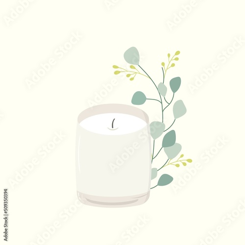 Vector illustration of aroma candle in glass jar with silver dollar eucalyptus branch on pastel pink background. Wellness spa self care meditation concept