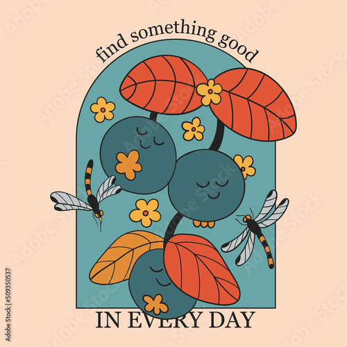 Colorful square poster. A stylish template for graphic prints on fabrics or T-shirts. Hand-drawn background. An illustration with an inscription. Find something good in every day.